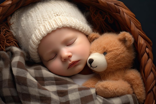 Bébé nouveau-né mignon qui dort dans un panier avec un ours en peluche qui dort bébé nouveau-né généré par l'IA