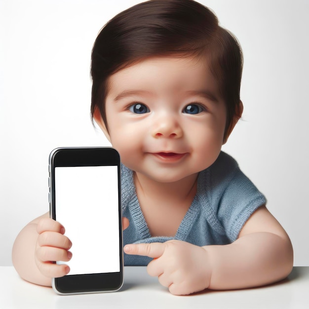 bébé nouveau-né souriant pointant sur un smartphone avec un écran blanc sur un fond blanc