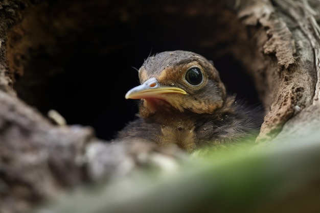 Bébé oiseau jetant un coup d'œil du nid curieux et curieux créé avec une IA générative