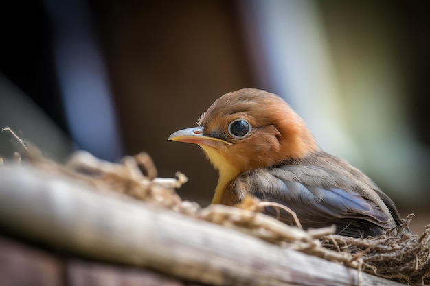 Bébé oiseau pensif regardant hors du nid en profitant de son nouveau monde créé avec une IA générative