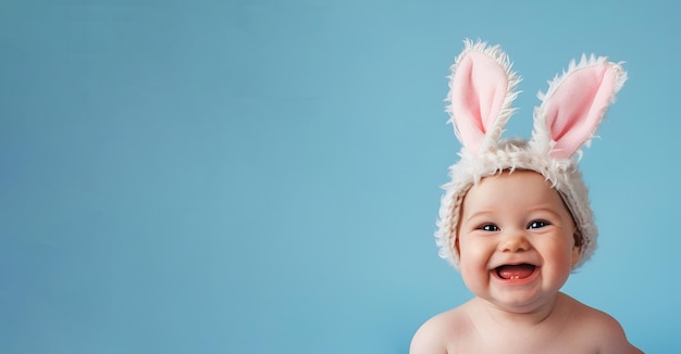 Bébé avec des oreilles de lapin de Pâques sur un fond bleu