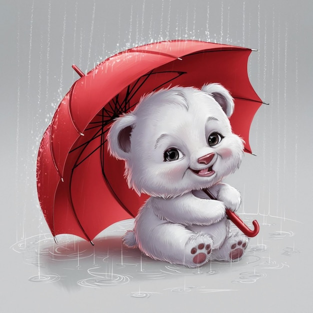 Photo un bébé ours blanc mignon et joyeux sous la pluie avec un parapluie rouge.