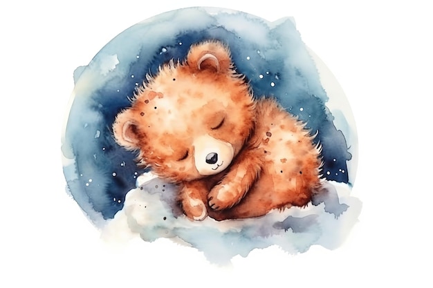 Photo bébé ours en peluche dormant sur la lune peint à l'aquarelle sur un fond blanc isolé generative ai