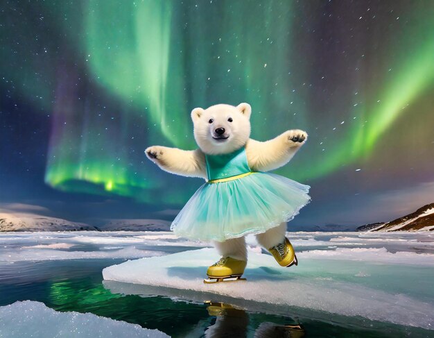 Photo un bébé ours polaire patine sur l'iceberg avec les aurores boréales dansant dans le ciel nocturne.