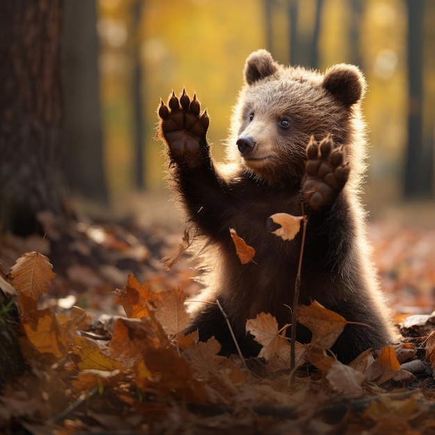 Un bébé ours réaliste sur les feuilles d'automne.