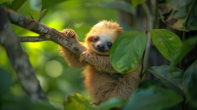 Un bébé paresseux suspendu à une branche d'arbre ses petits yeux curieux regardant dehors d'un visage flou AI génératif