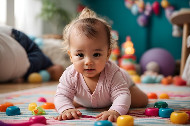 Bébé pendant l'effort de temps de ventre pour soulever la tête et s'engager avec des jouets colorés sur le tapis