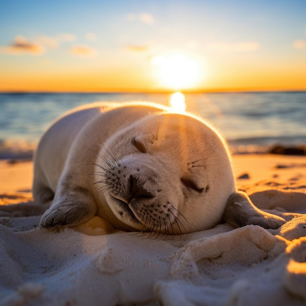 Un bébé phoque moelleux faisant la sieste sur une plage chauffée par le soleil