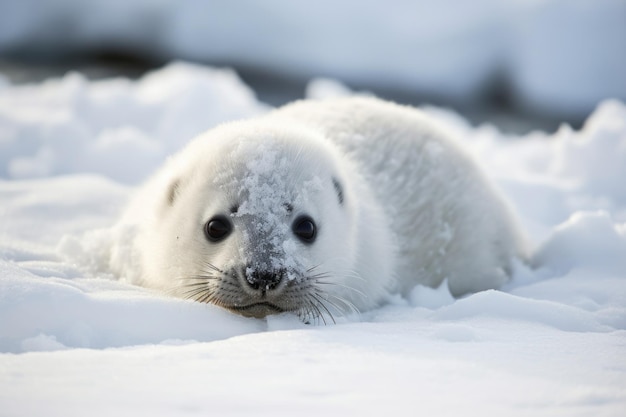 Bébé phoque roulant dans la neige mordant de manière ludique dans son environnement glacé créé avec une IA générative