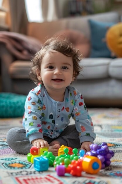 Un bébé pieds nus assis sur le sol dans le salon et jouant avec ses jouets colorés.