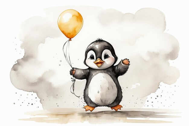 Un bébé pingouin mignon avec des ballons à l'arrière-plan blanc à l'aquarelle de dessin animé