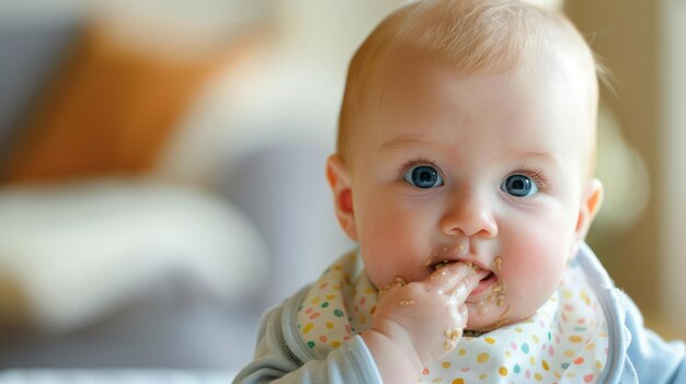 Un bébé portant un bib et essayant avec empressement de se nourrir.