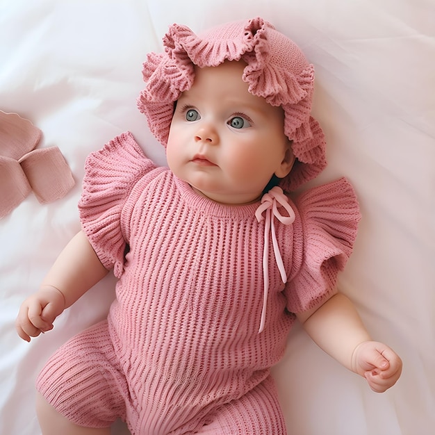 Un bébé portant un chapeau rose et un nœud rose est allongé sur un lit blanc.