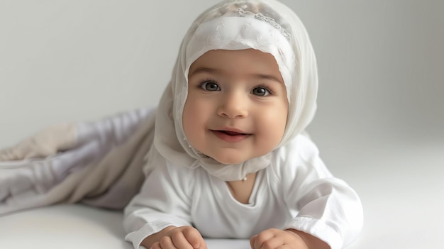 Un bébé portant un foulard blanc sur le sol