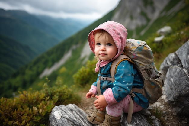 Bébé portant un sac à dos dans les montagnes qui peut symboliser l'idée d'exploration d'aventure ou d'activités de plein air avec un jeune enfant Generative AI