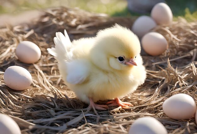 Photo un bébé poulet jaune est debout devant des œufs