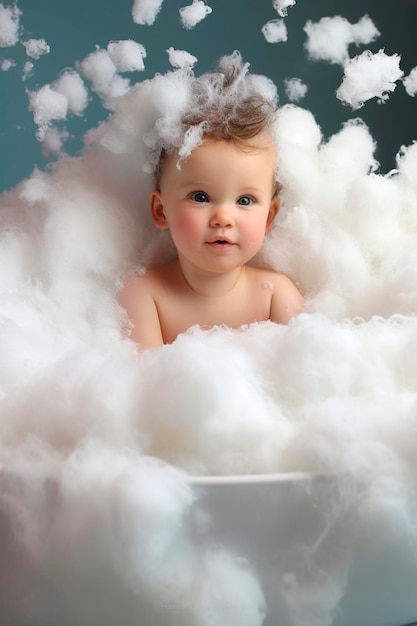 Le bébé prend un bain à bulles.