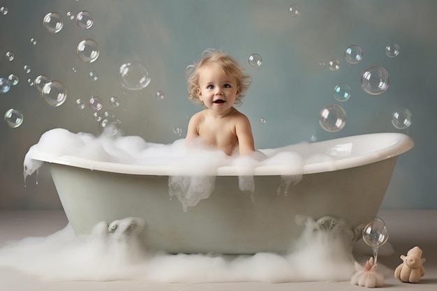 un bébé prend un bain dans la baignoire avec des bulles flottant dans l'air.
