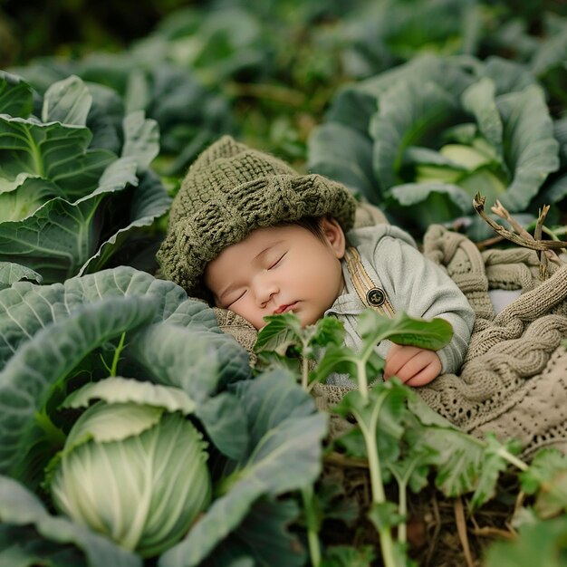 un bébé qui dort dans un champ de plantes vertes avec un chapeau dessus