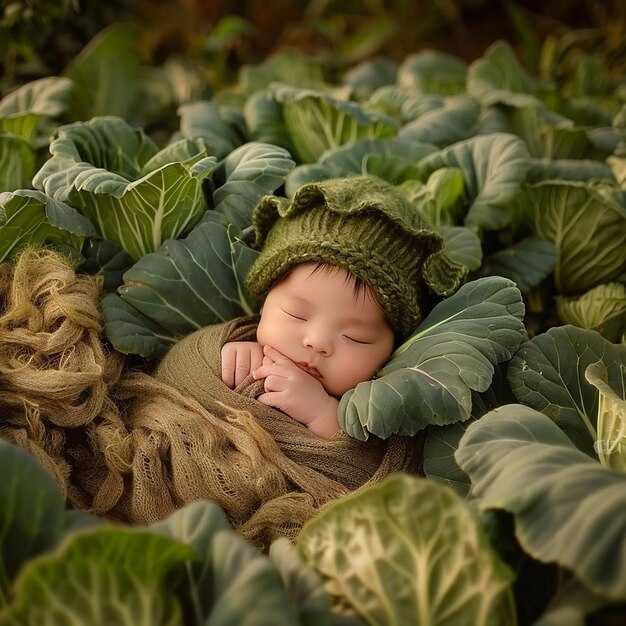 Photo un bébé qui dort dans une pile de feuilles avec un bébé qui y dort