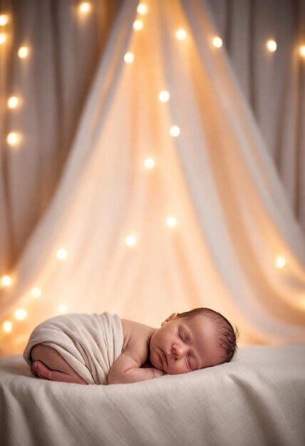 Photo un bébé qui dort sur un lit avec des lumières autour de lui