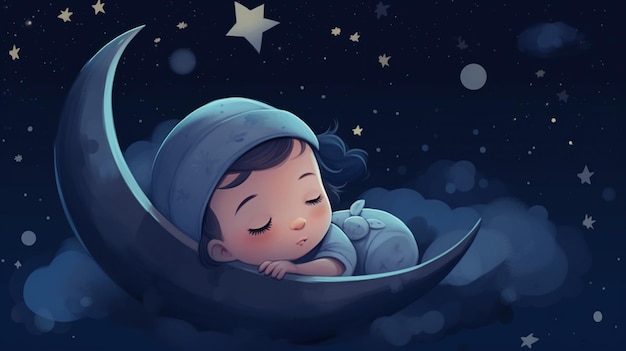 Un bébé qui dort sur une lune avec des étoiles dessus