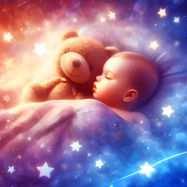 Photo bébé qui dort avec un ours en peluche et des étoiles