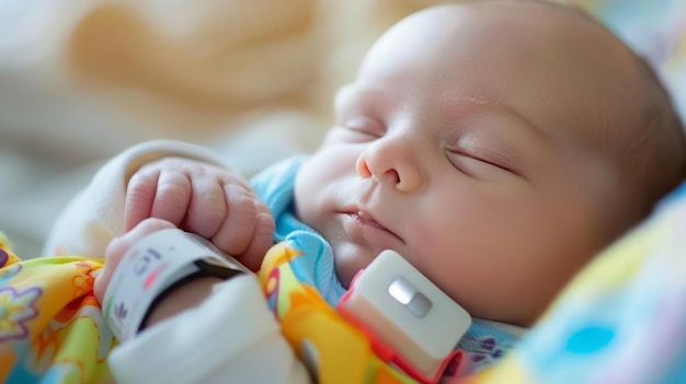 Photo un bébé qui dort avec un téléphone portable dans la bouche.