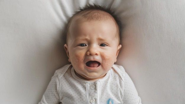 Photo le bébé qui pleure a une allergie au visage. roseola chez le nouveau-né isolé sur blanc.