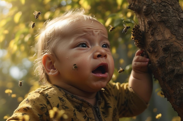 Un bébé qui pleure et attrape un arbre avec des abeilles sur son corps.