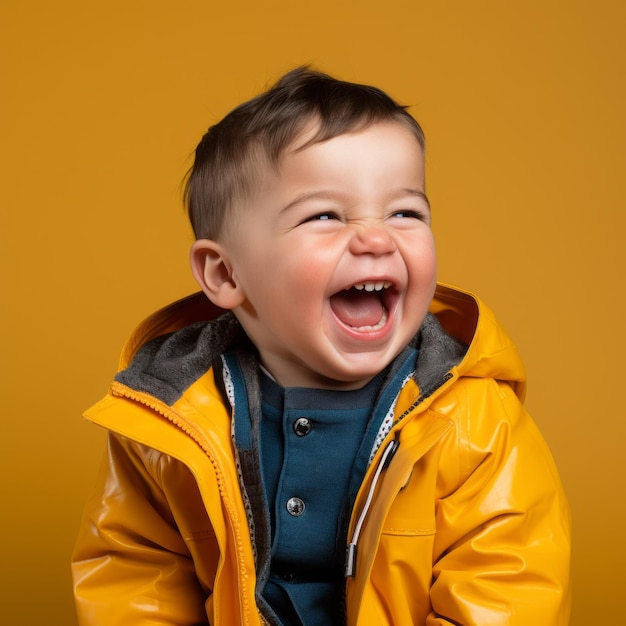 un bébé qui rit dans un imperméable jaune