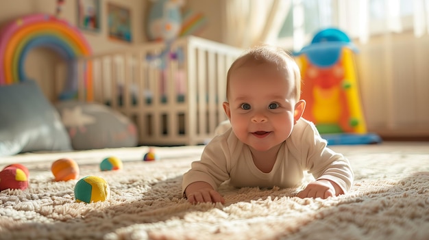 Bébé rampant sur le sol dans le salon