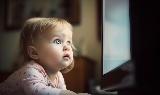 Bébé regardant des dessins animés à la télévision L'addiction des enfants à la télévision et aux dessins dessinés Un garçon touche la télévision