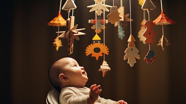 Le bébé regarde avec curiosité et étonnement les souvenirs mobiles accrochés