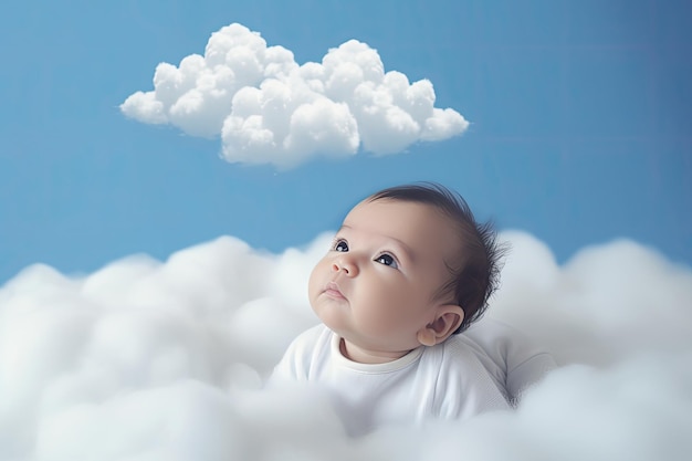 Un bébé regarde un nuage avec un ciel bleu en arrière-plan