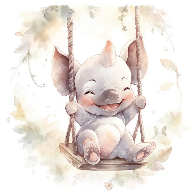 Bébé rhinocéros mignon et heureux sur des balançoires dans l'arbre dans le style aquarelle