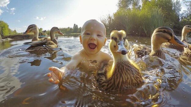 Bébé riant avec des canards dans l'eau Scène d'interaction d'animaux en plein air joyeuse