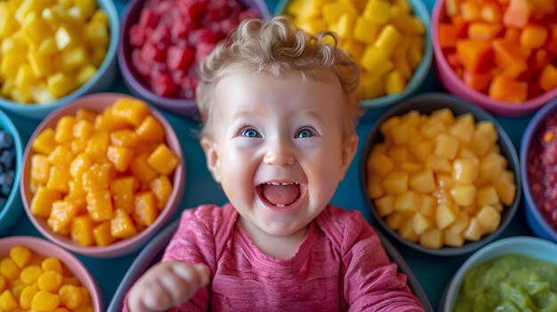 Bébé riant devant des bols de fruits colorés