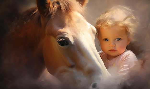 un bébé se tient à côté d'un cheval et le cheval regarde la caméra