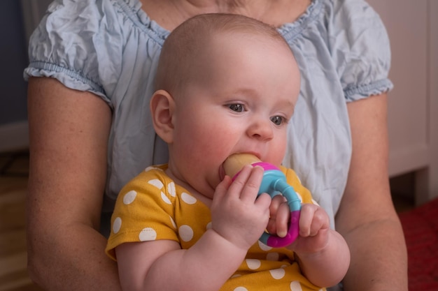 Bébé de sept mois dégustant une pomme avec une grignoteuse pour la première fois