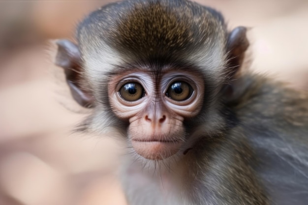 Un bébé singe avec un long nez et un nez noir.