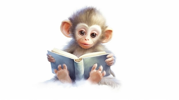 Photo un bébé singe en pyjama qui lit un livre sur l'ia générative.