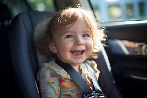 bébé souriant et assis dans le siège de voiture à l'arrière-plan de style bokeh