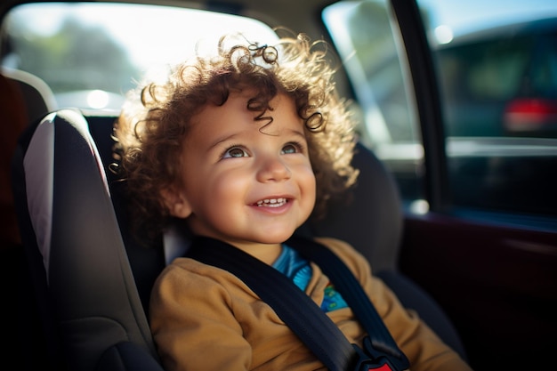 bébé souriant et assis dans le siège de voiture à l'arrière-plan de style bokeh