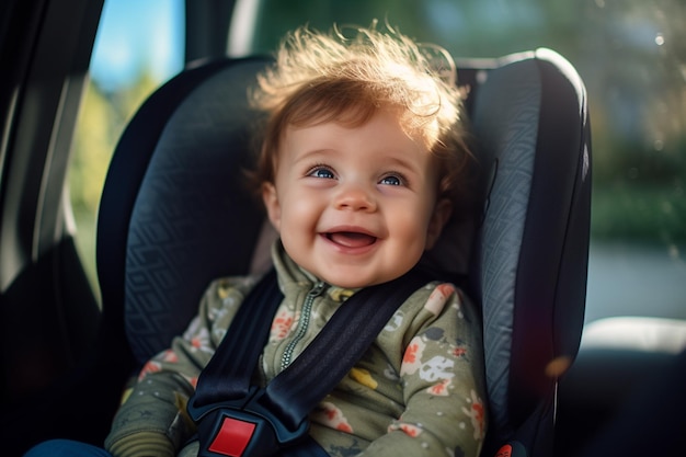 bébé souriant et assis dans le siège de voiture à l'arrière-plan de style bokeh