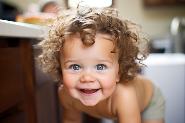 bébé souriant à la caméra de derrière