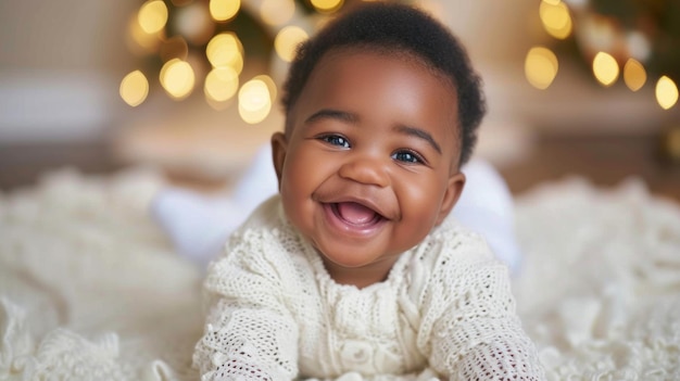 Photo un bébé souriant sur une couverture blanche