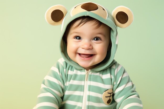 Photo un bébé souriant dans une chemise à rayures sur fond de menthe