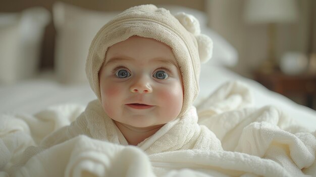 Bébé souriant dans une serviette blanche rayonnant de joie de près