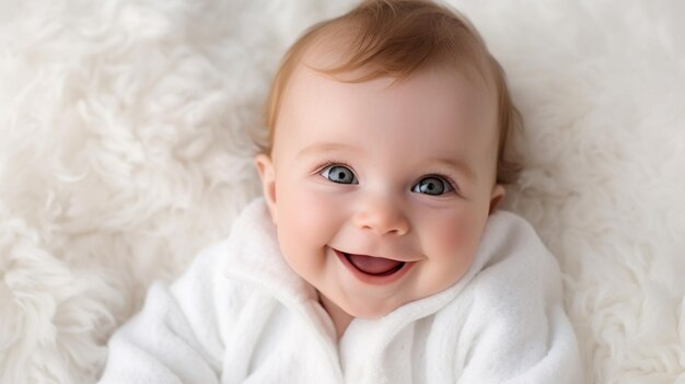 un bébé souriant est allongé sur une couverture blanche